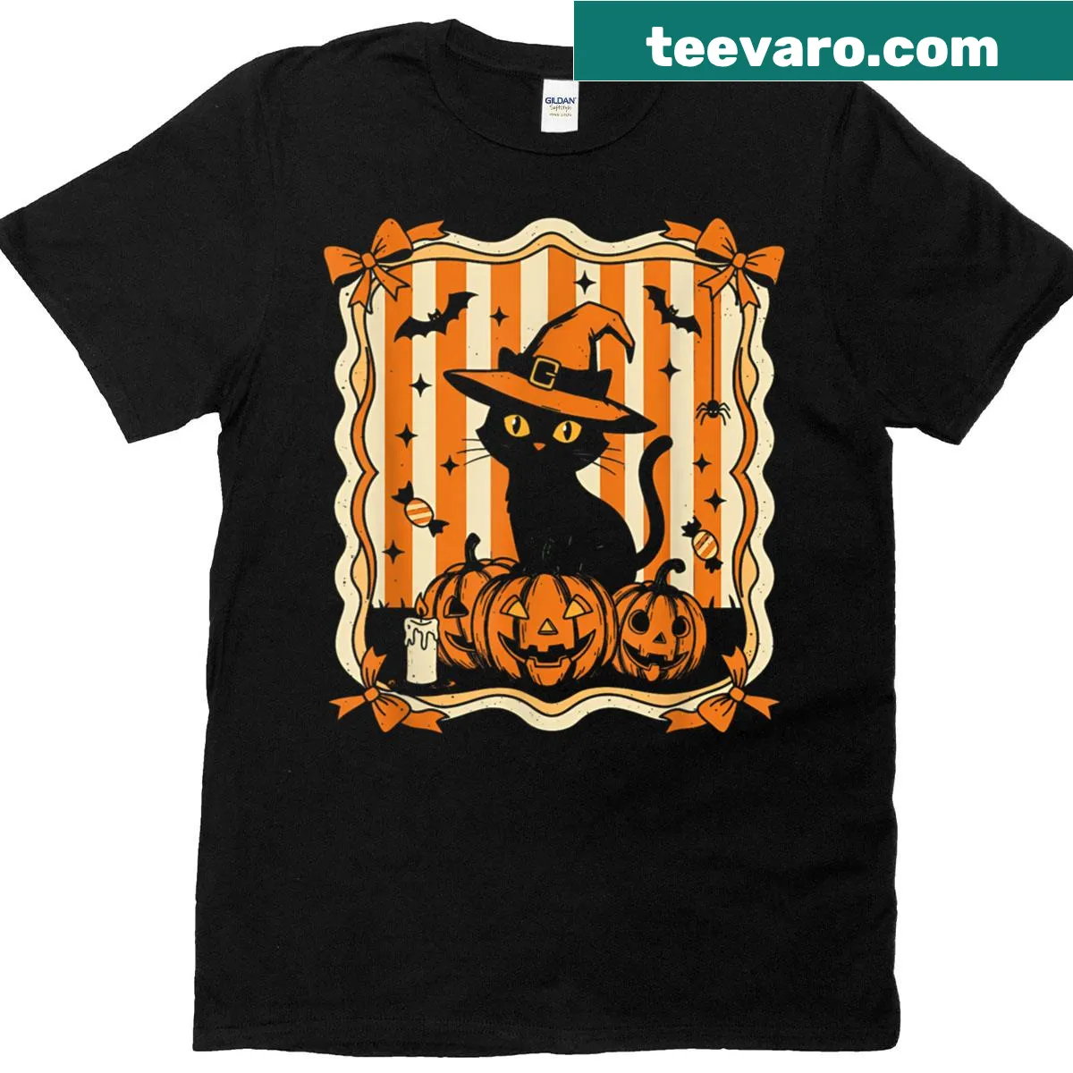 Cute Halloween t-shirt featuring a black cat in a pumpkin illustration — on a men's t-shirt