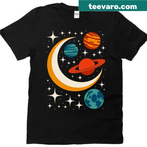 Retro illustration of celestial planets and crescent moon on a t-shirt.