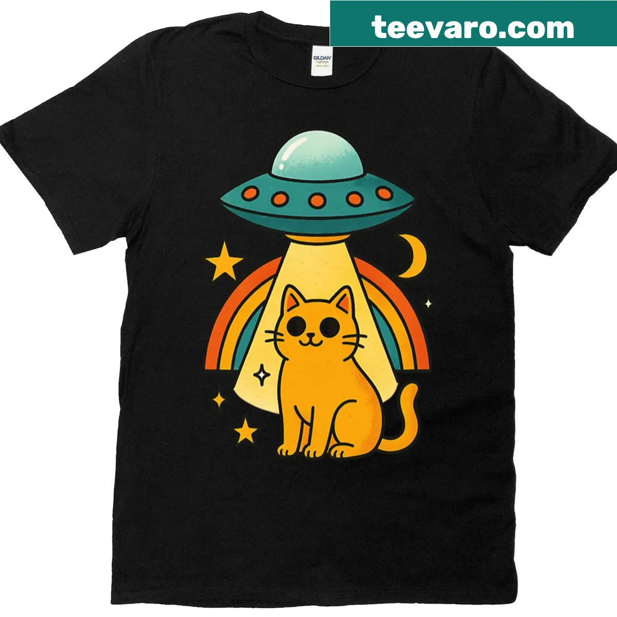 Cartoon cat being beamed up by a UFO with rainbow beams on a t-shirt — on a men's t-shirt