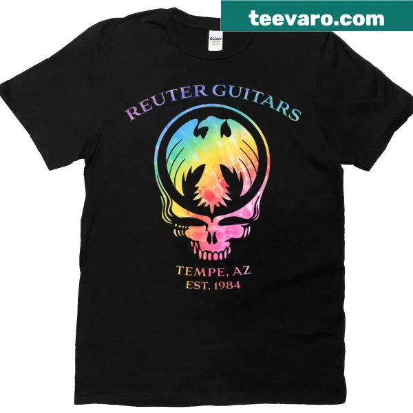 Tie-dye styled t-shirt with playful typography about guitars