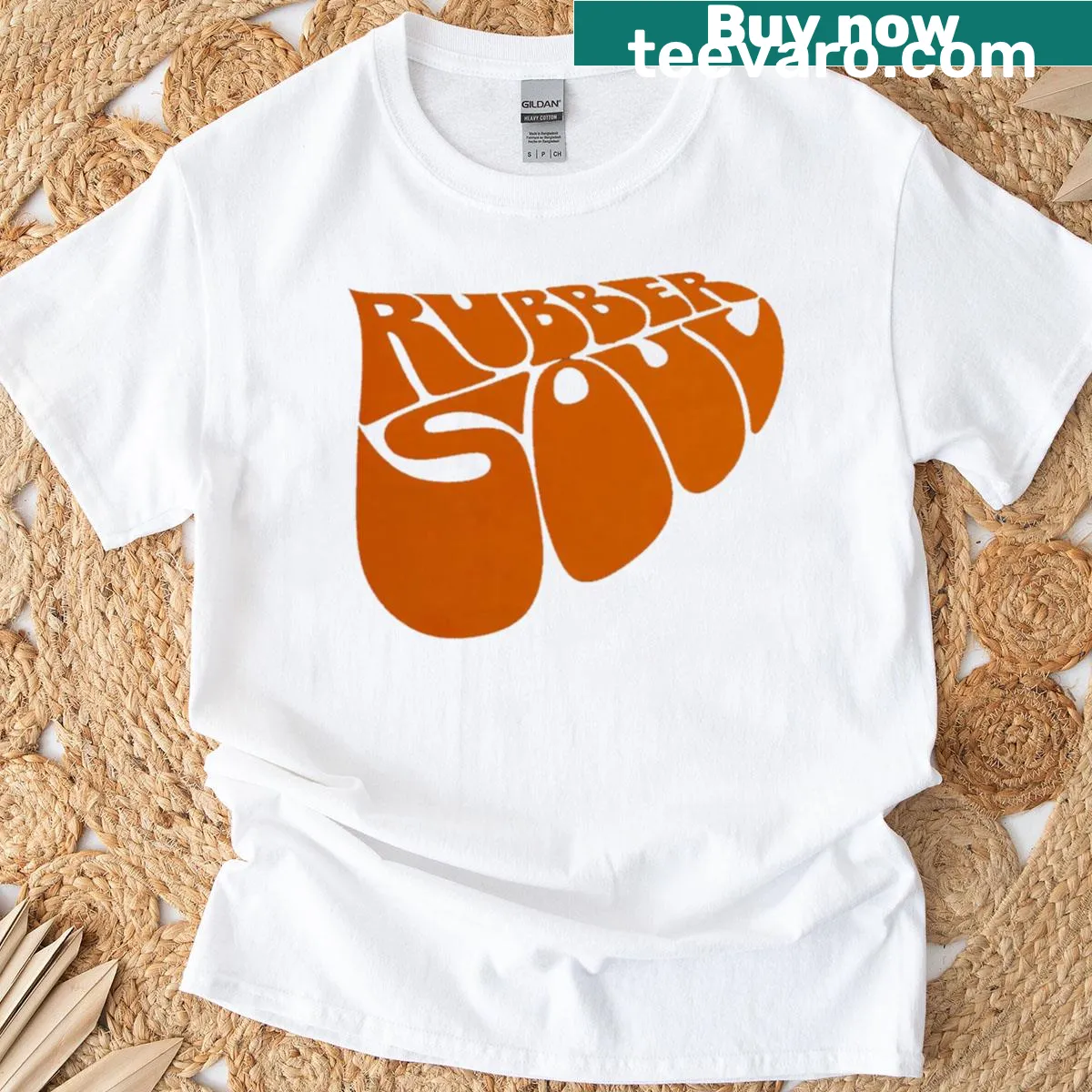 Vintage-style T-shirt featuring an iconic design inspired by Rubber Soul. — on a men's t-shirt
