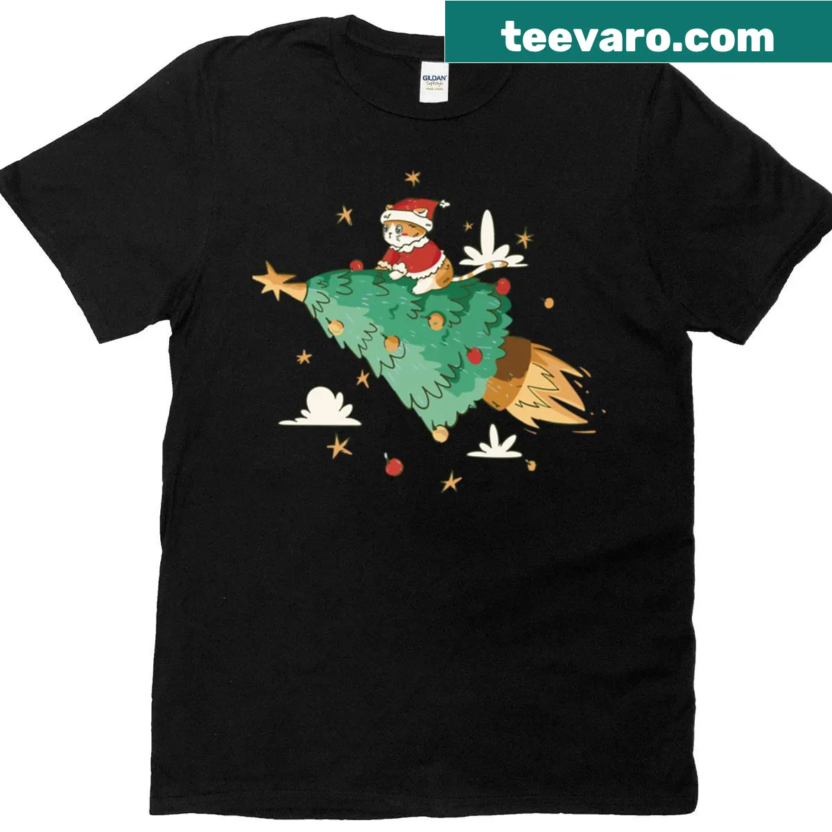 Cute Santa Cat design with a Christmas tree on a t-shirt — on a men's t-shirt
