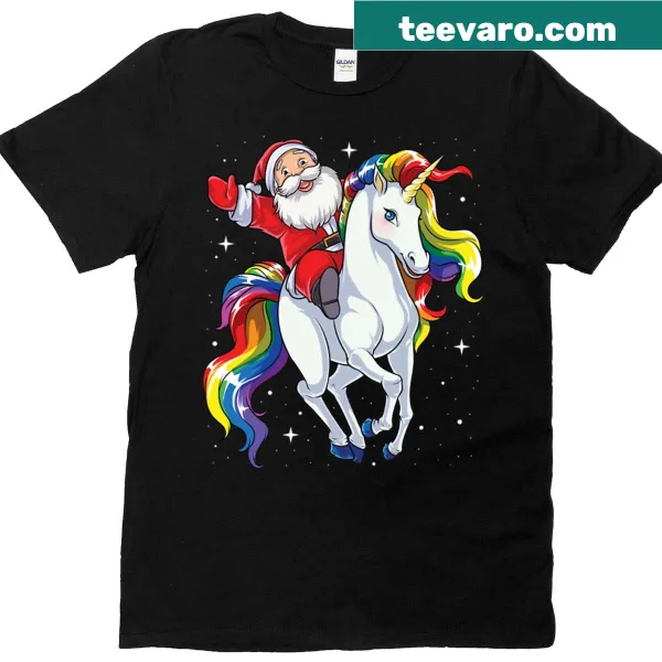 Santa riding a unicorn in space with rainbow colors for Christmas