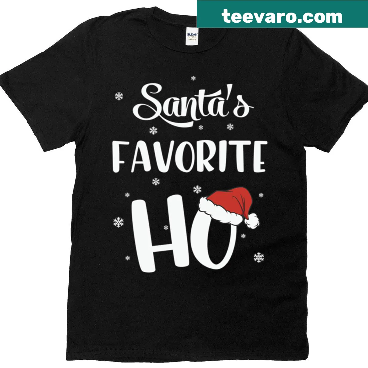 Funny Christmas t-shirt stating 'Santa's Favorite Ho' in playful typography — on a men's t-shirt