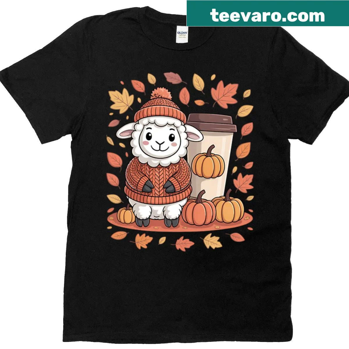 Illustrated t-shirt featuring sheep enjoying coffee for Thanksgiving — on a men's t-shirt