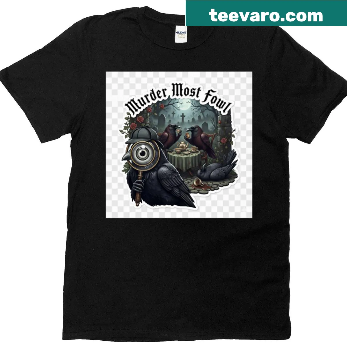 Illustrated t-shirt featuring a detective crow with hat and magnifying glass — on a men's t-shirt