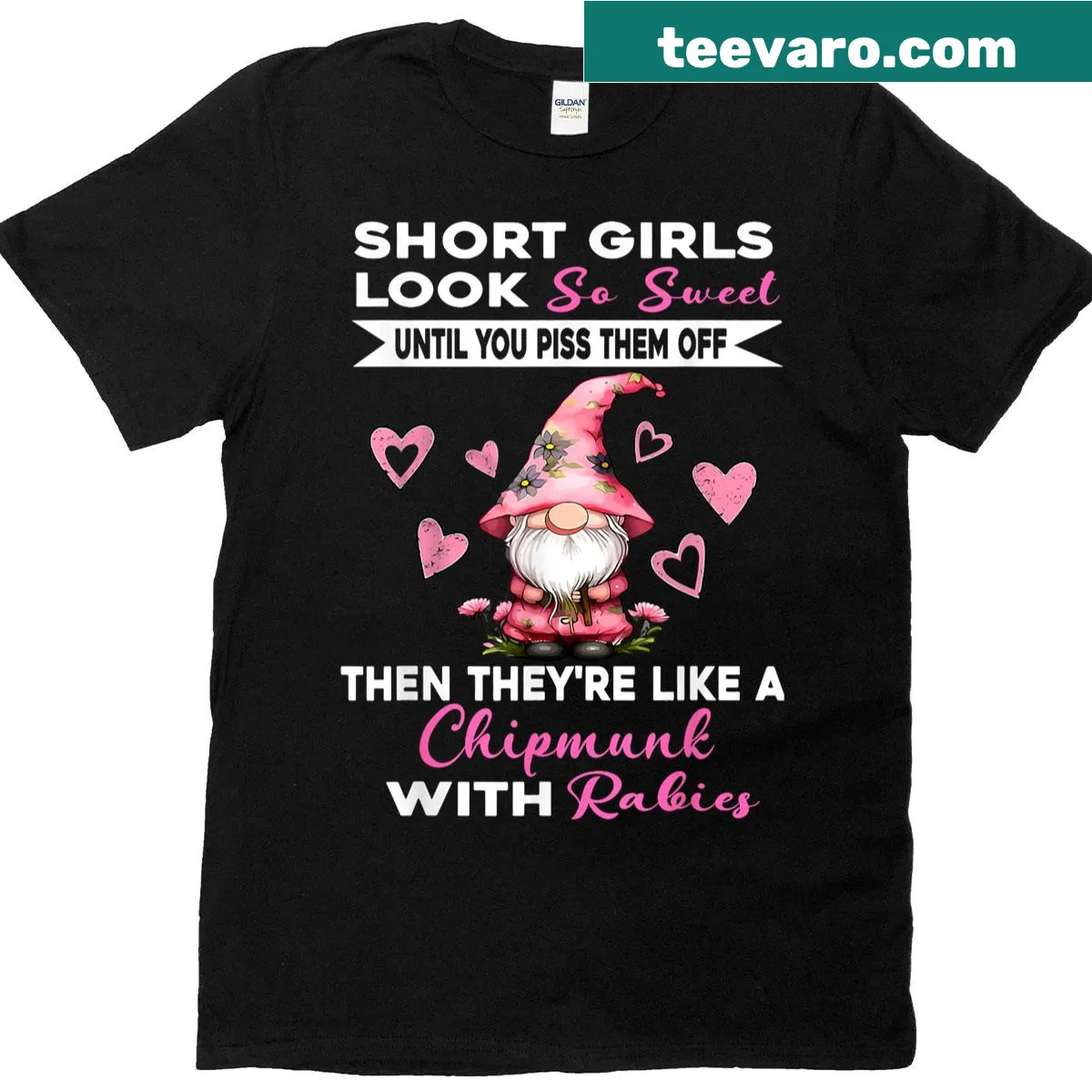 Illustrated gnome with text about short girls on a fun t-shirt — on a men's t-shirt