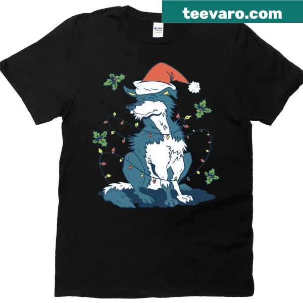Christmas-themed t-shirt featuring a Siberian Husky in festive attire