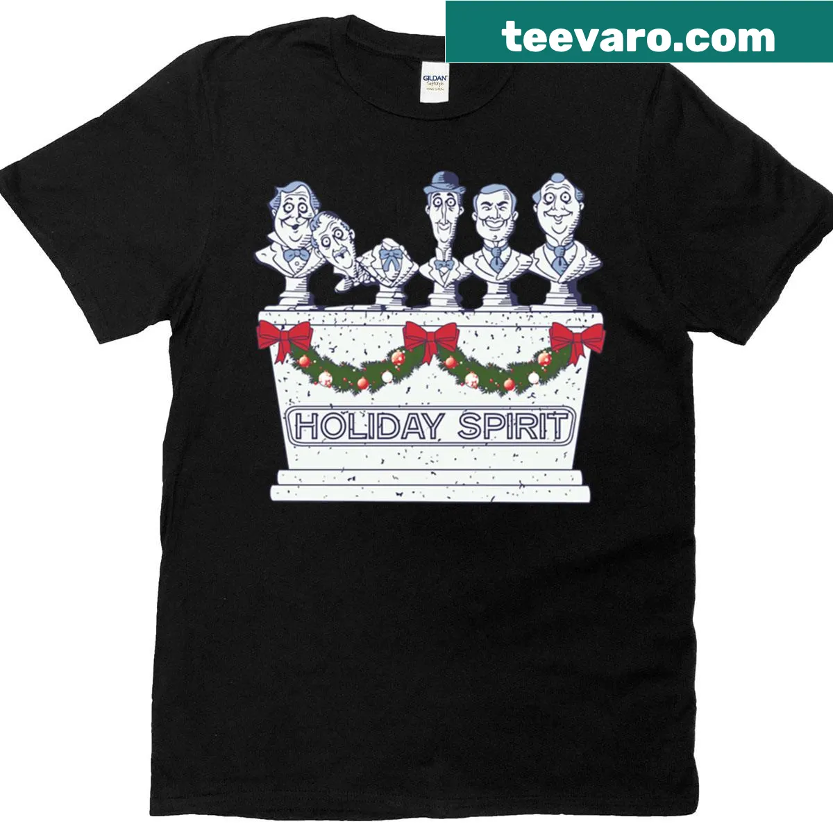 Holiday T-shirt featuring whimsical singing busts in a festive design — on a men's t-shirt