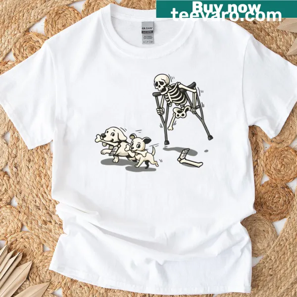 Cartoon skeleton chasing a dog Halloween T-shirt design