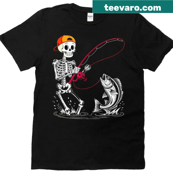 Kids t-shirt featuring a cartoon skeleton fishing for Halloween