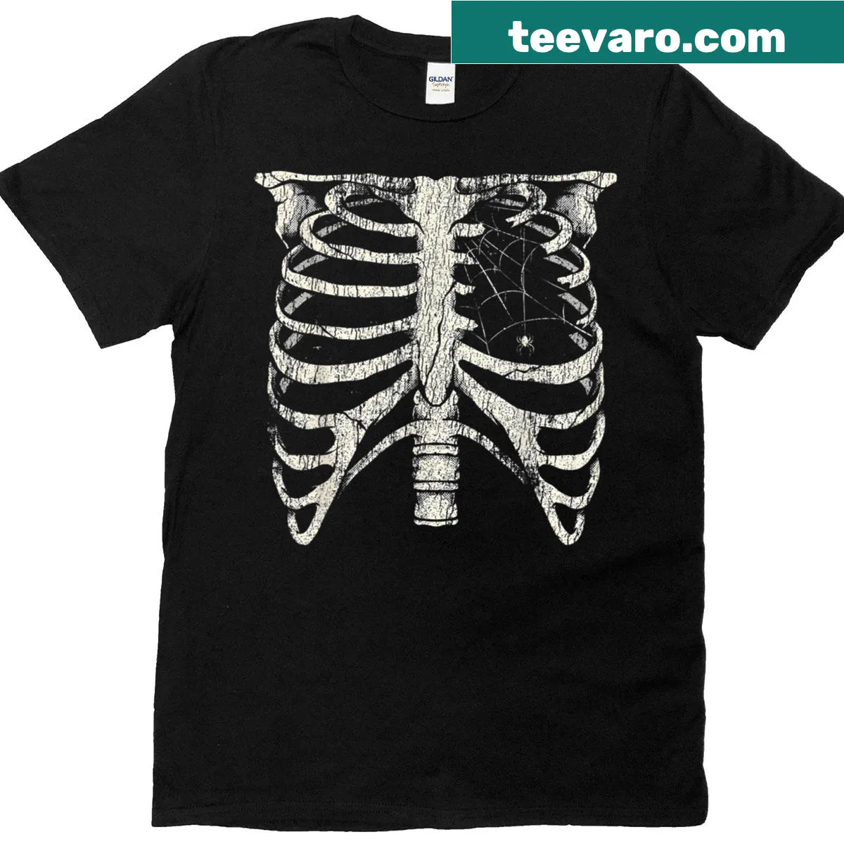 Gothic t-shirt featuring skeleton rib cage and spider design — on a men's t-shirt