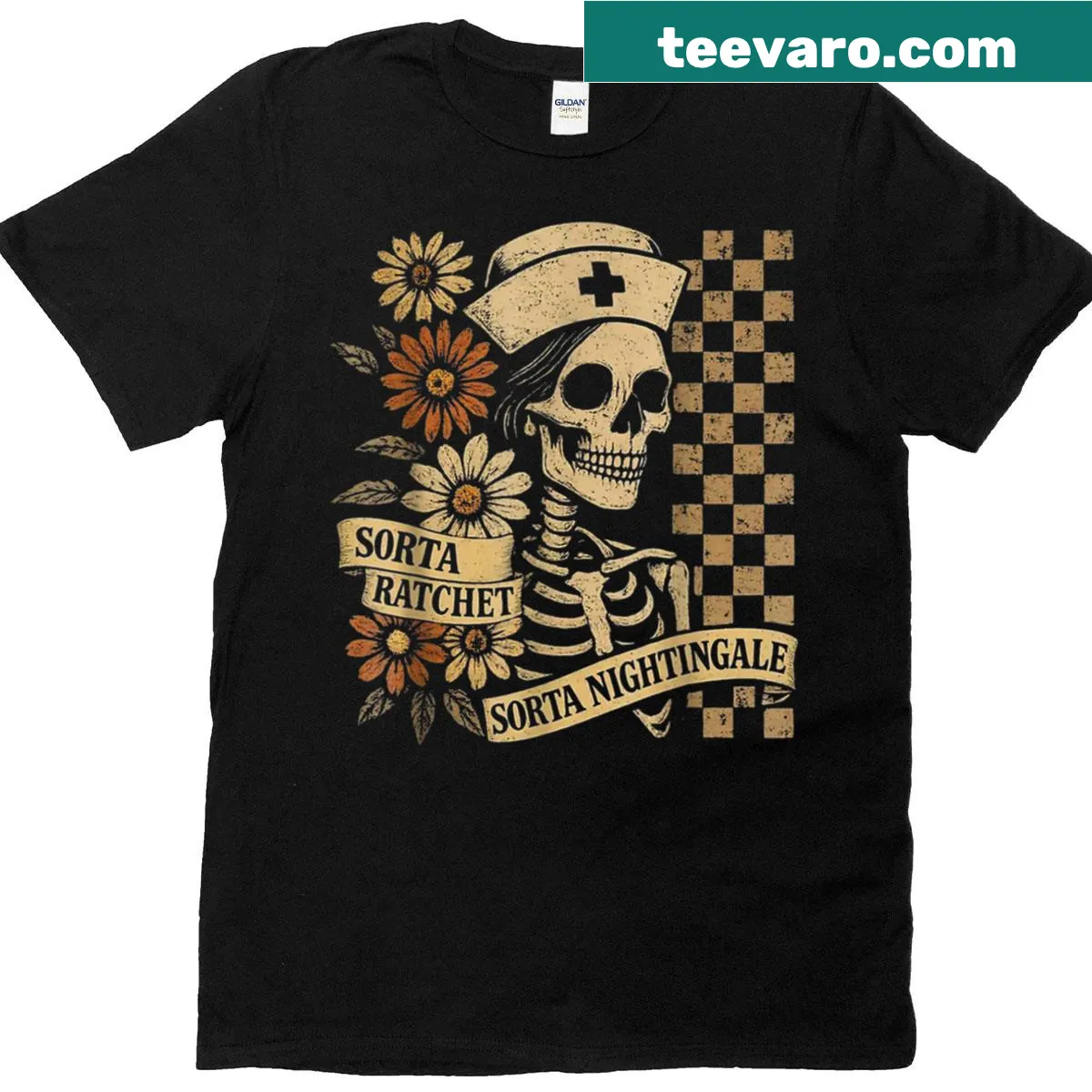 Skeleton nurse graphic with humorous text for Halloween t-shirt — on a men's t-shirt