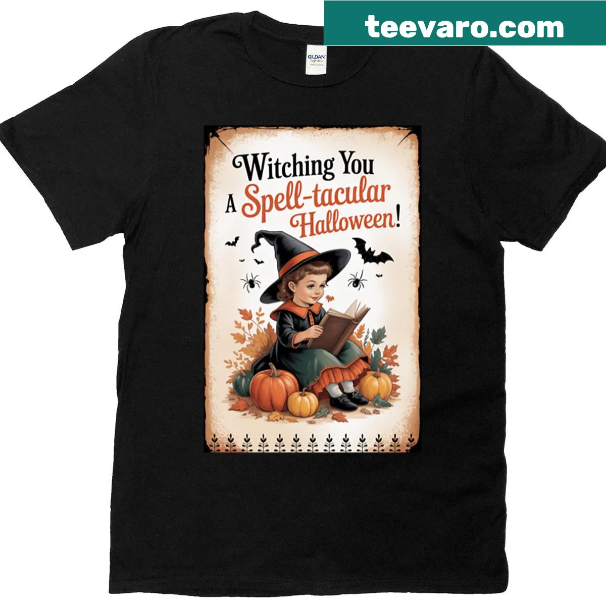 Vintage-style Halloween T-shirt with witch girl and cats design — on a men's t-shirt