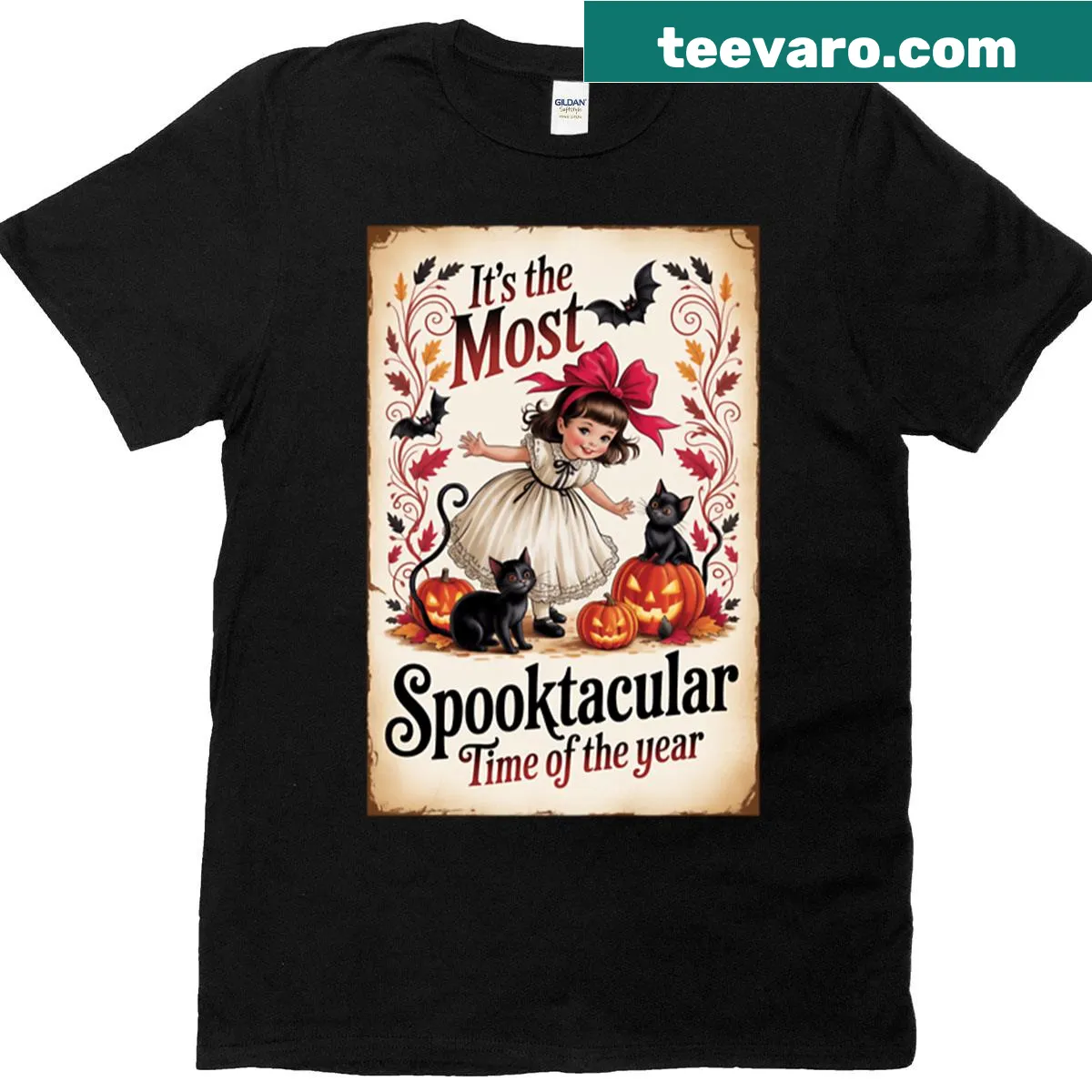 Vintage Halloween t-shirt featuring a girl and playful cats — on a men's t-shirt