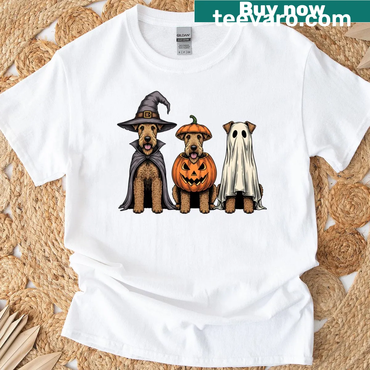 Cute Halloween t-shirt with Airedale Terrier and pumpkin design — on a men's t-shirt
