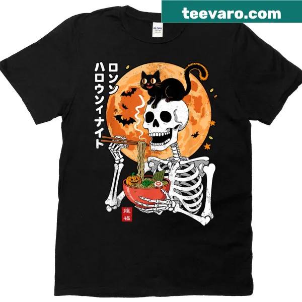Humorous Halloween t-shirt featuring a skeleton eating ramen with a cat