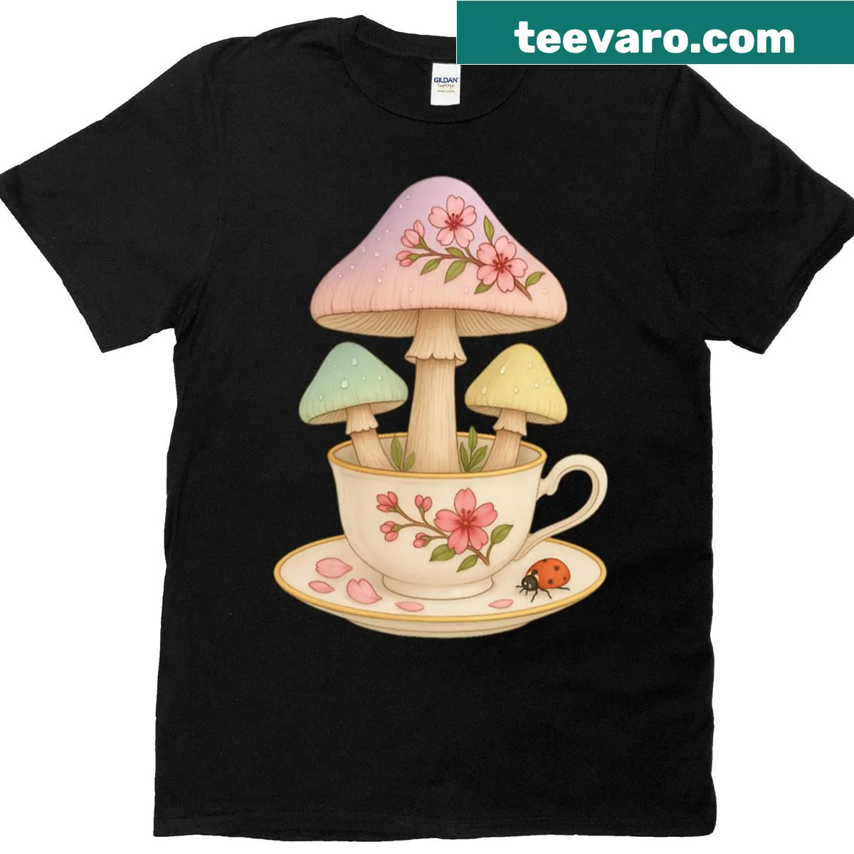 Whimsical t-shirt with a teacup of mushrooms and cherry blossoms — on a men's t-shirt