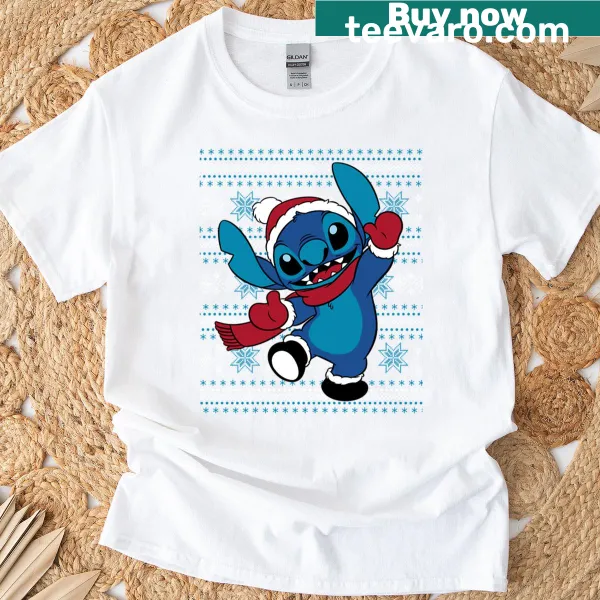 Holiday-themed T-shirt with stitch-inspired design for festive occasions