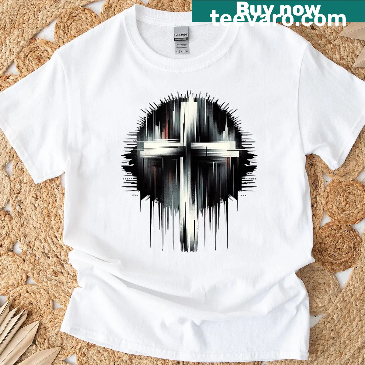 Street art graphic of a Christian cross on a T-shirt — on a men's t-shirt