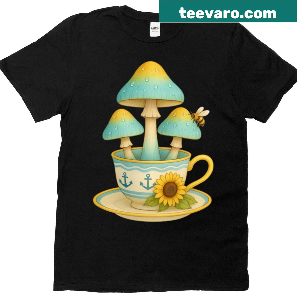 Cottagecore t-shirt with a whimsical design of a teacup, mushrooms, and sunflowers — on a men's t-shirt