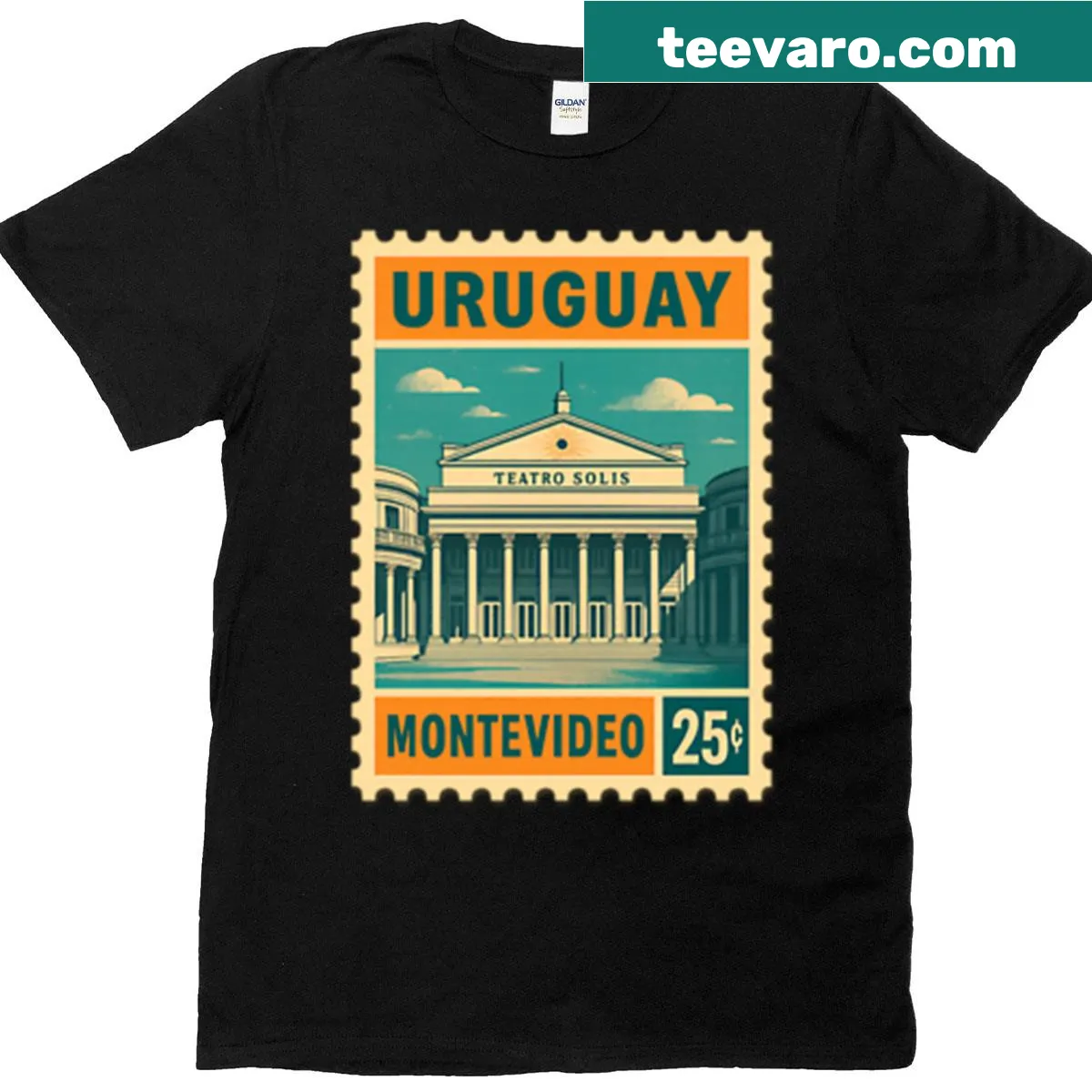Vintage postage stamp design of Teatro Sols t-shirt — on a men's t-shirt