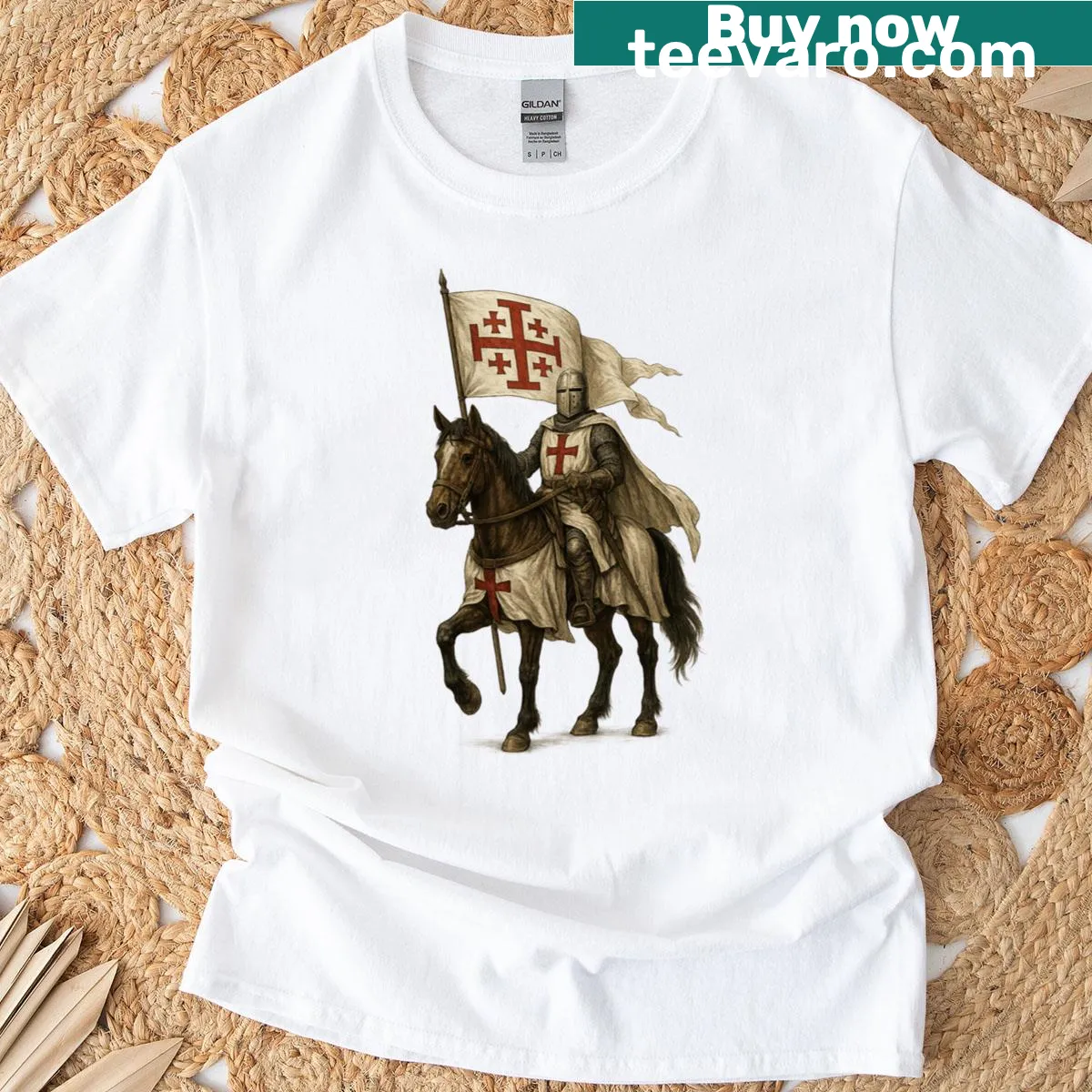 Templar emblem and Jerusalem Cross design on a t-shirt — on a men's t-shirt