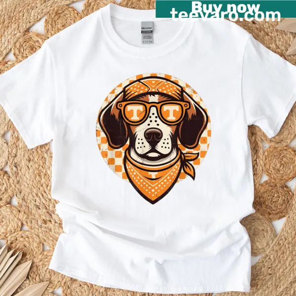 Illustrated t-shirt of a Bluetick Coonhound wearing sunglasses