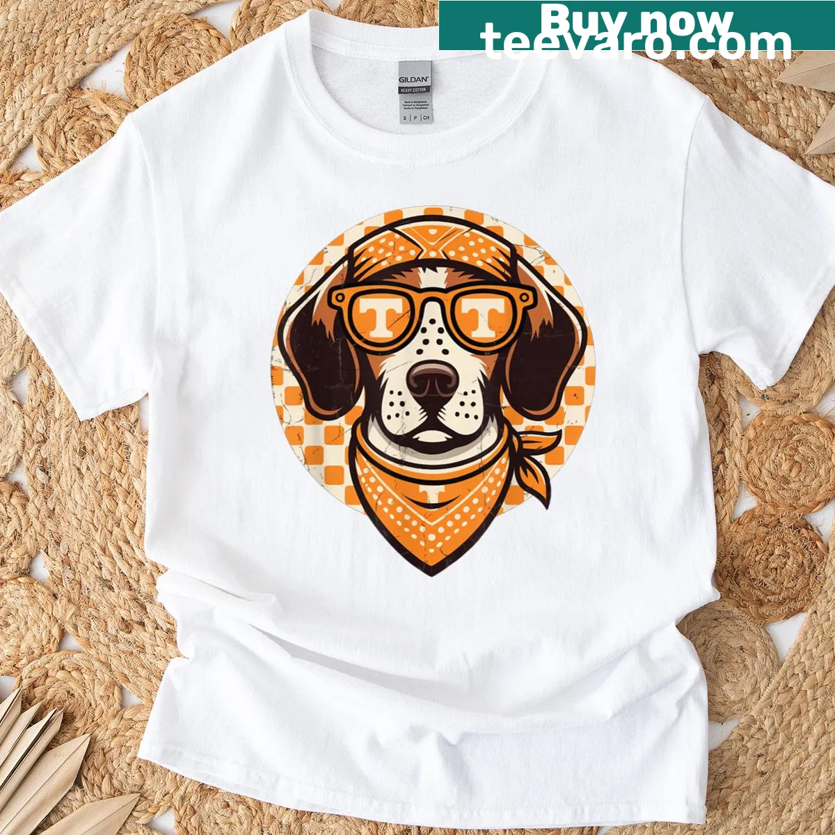 Illustrated t-shirt of a Bluetick Coonhound wearing sunglasses — on a men's t-shirt