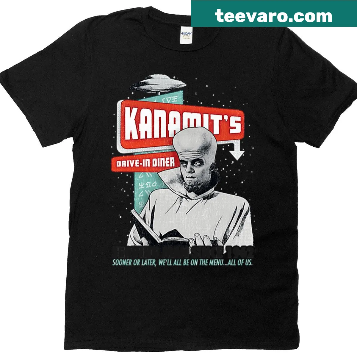 Twilight Zone T-shirt featuring Kanamits diner illustration — on a men's t-shirt