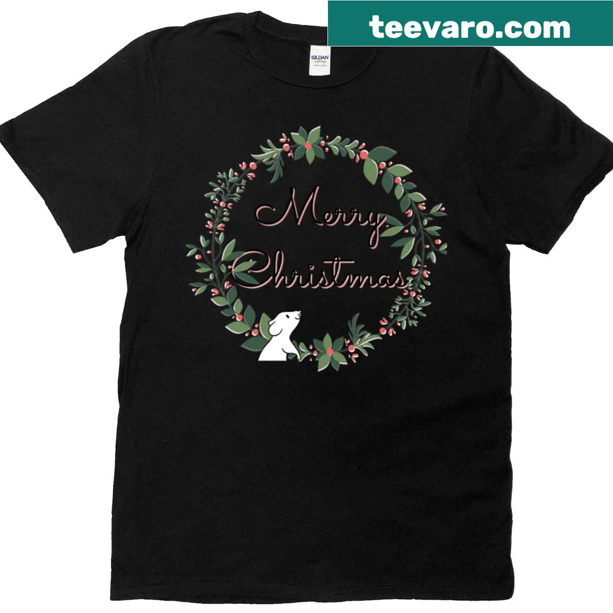 Illustrated t-shirt of a Christmas mouse wishing Merry Christmas — on a men's t-shirt