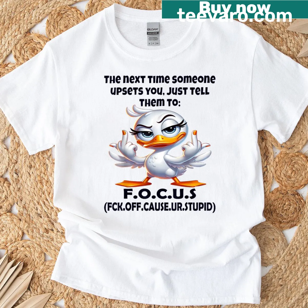 Funny t-shirt with the phrase 'Just Tell Them To Focus' in bold typography — on a men's t-shirt