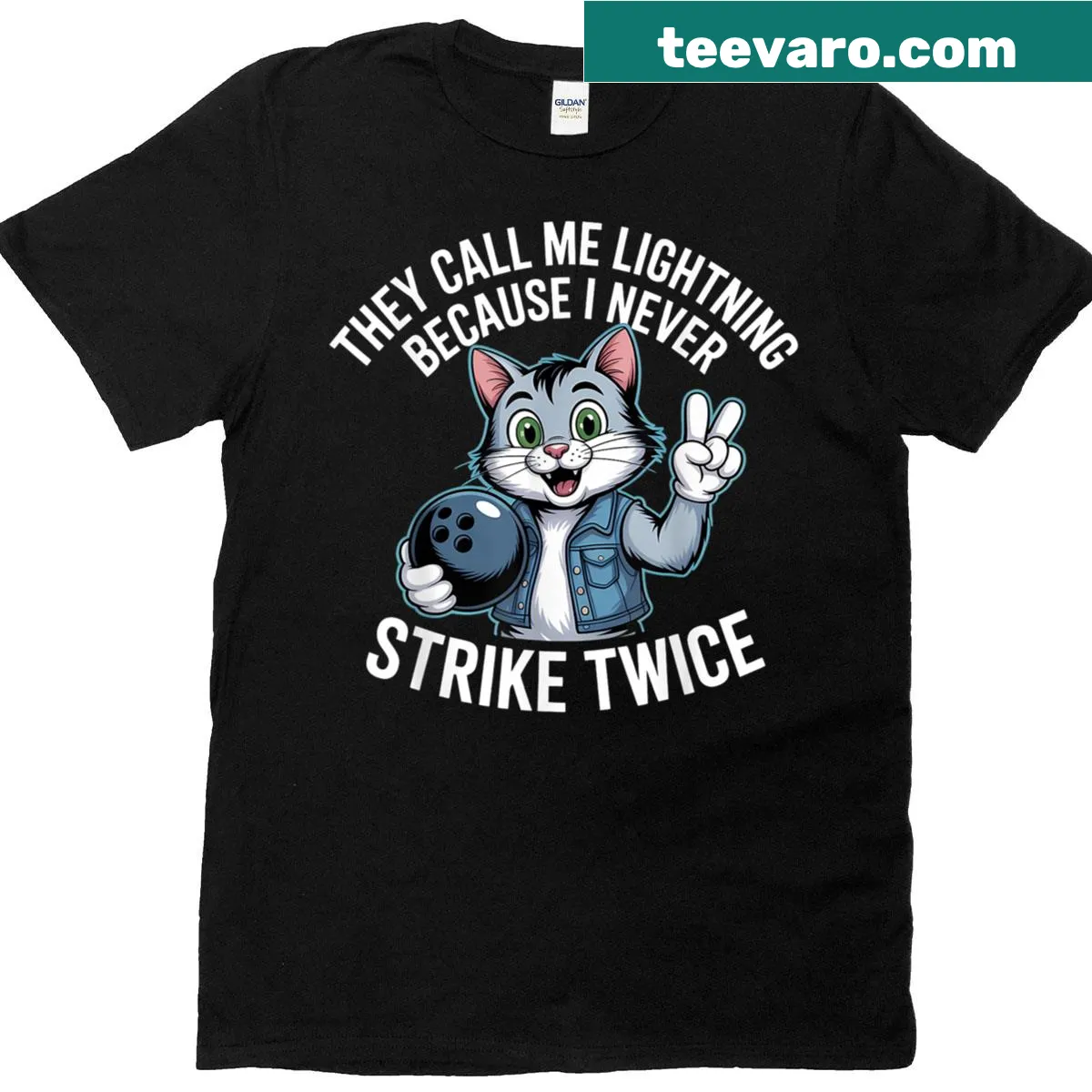 Humorous bowling T-shirt with 'They Call Me Lightning' text — on a men's t-shirt