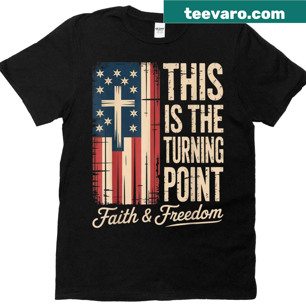 Patriotic t-shirt with 'This Is The Turning Point' design — on a men's t-shirt