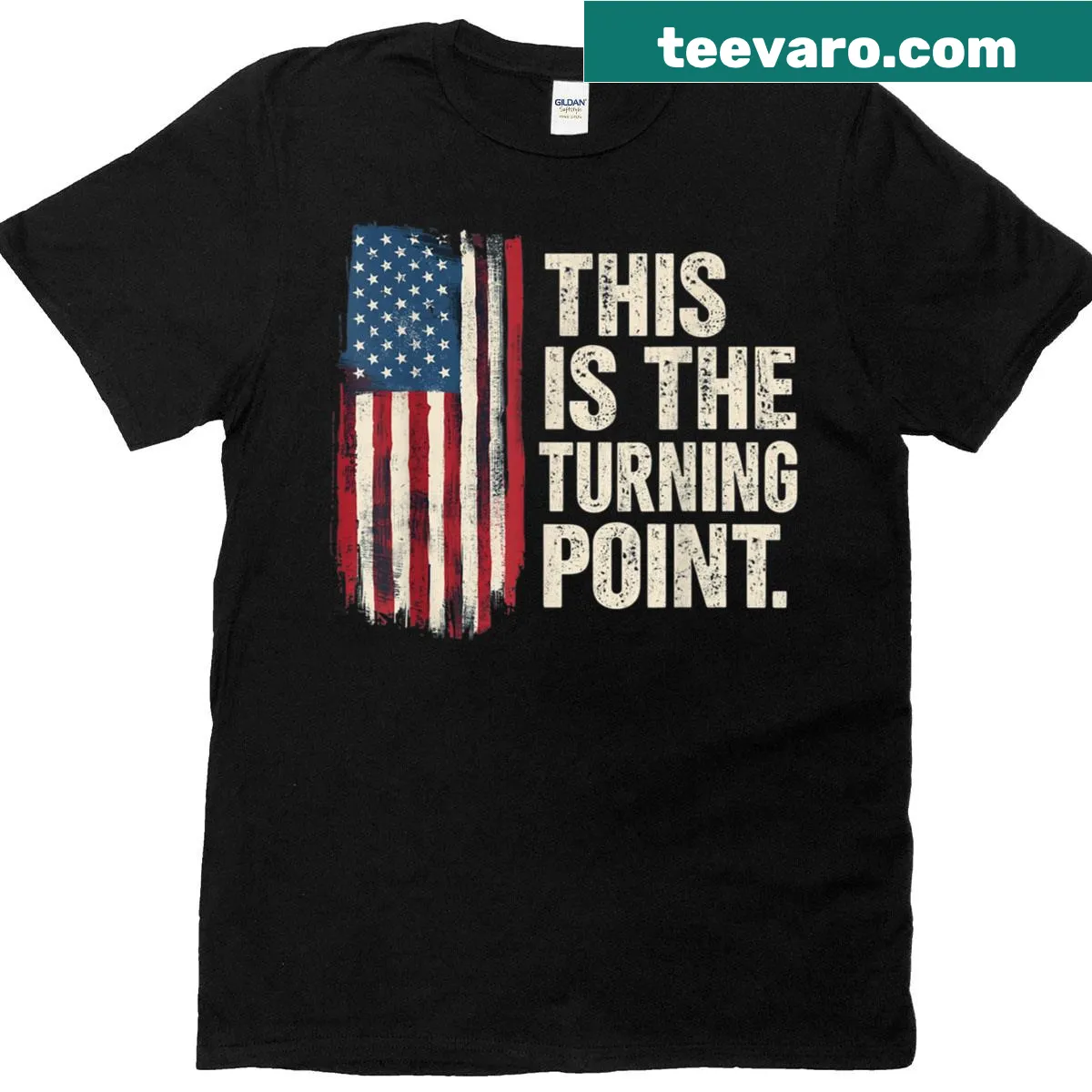 Patriotic T-shirt featuring the USA flag and the phrase 'This Is The Turning Point' — on a men's t-shirt