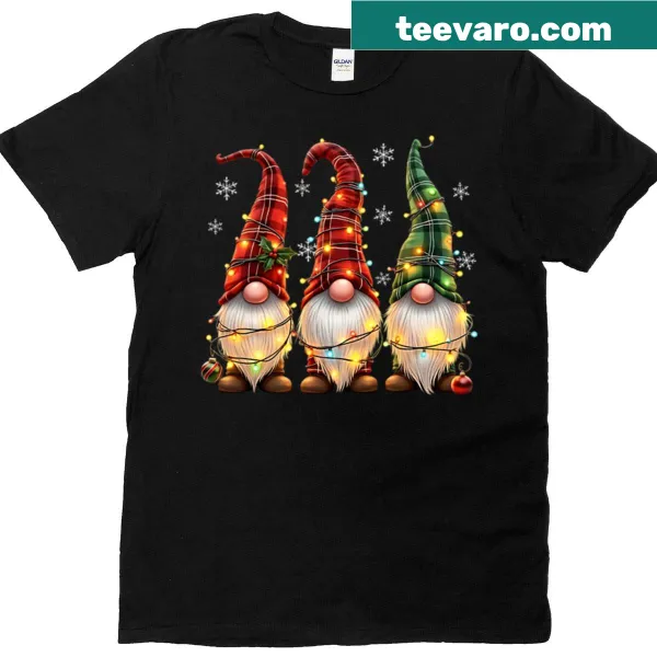 Festive t-shirt featuring three gnomes in buffalo plaid design