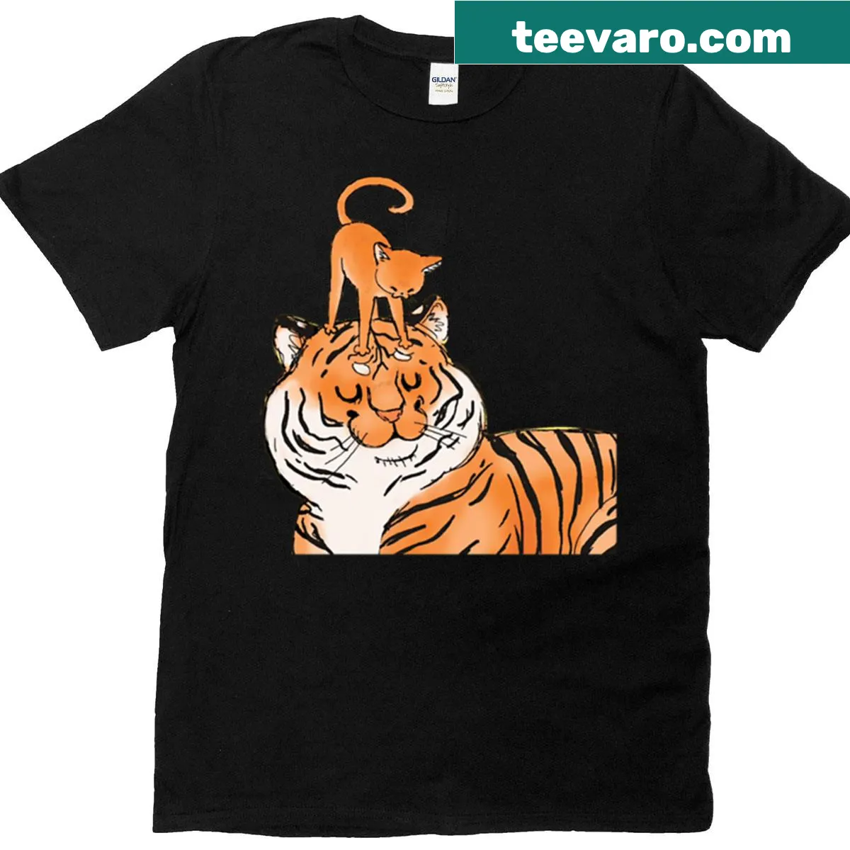 Cartoon t-shirt depicting a tiger and cat interaction — on a men's t-shirt