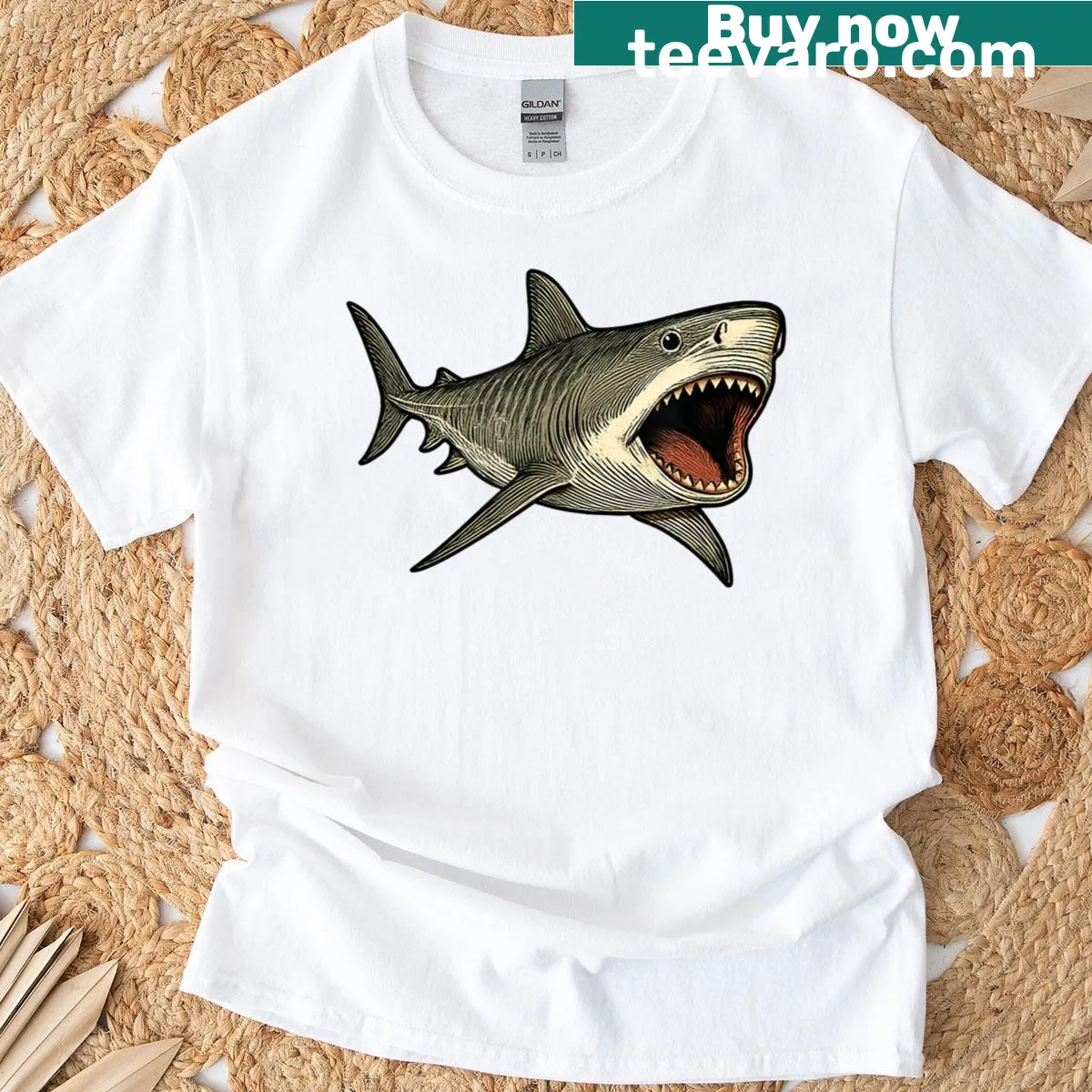 Ocean-themed t-shirt featuring a tiger shark with open mouth — on a men's t-shirt