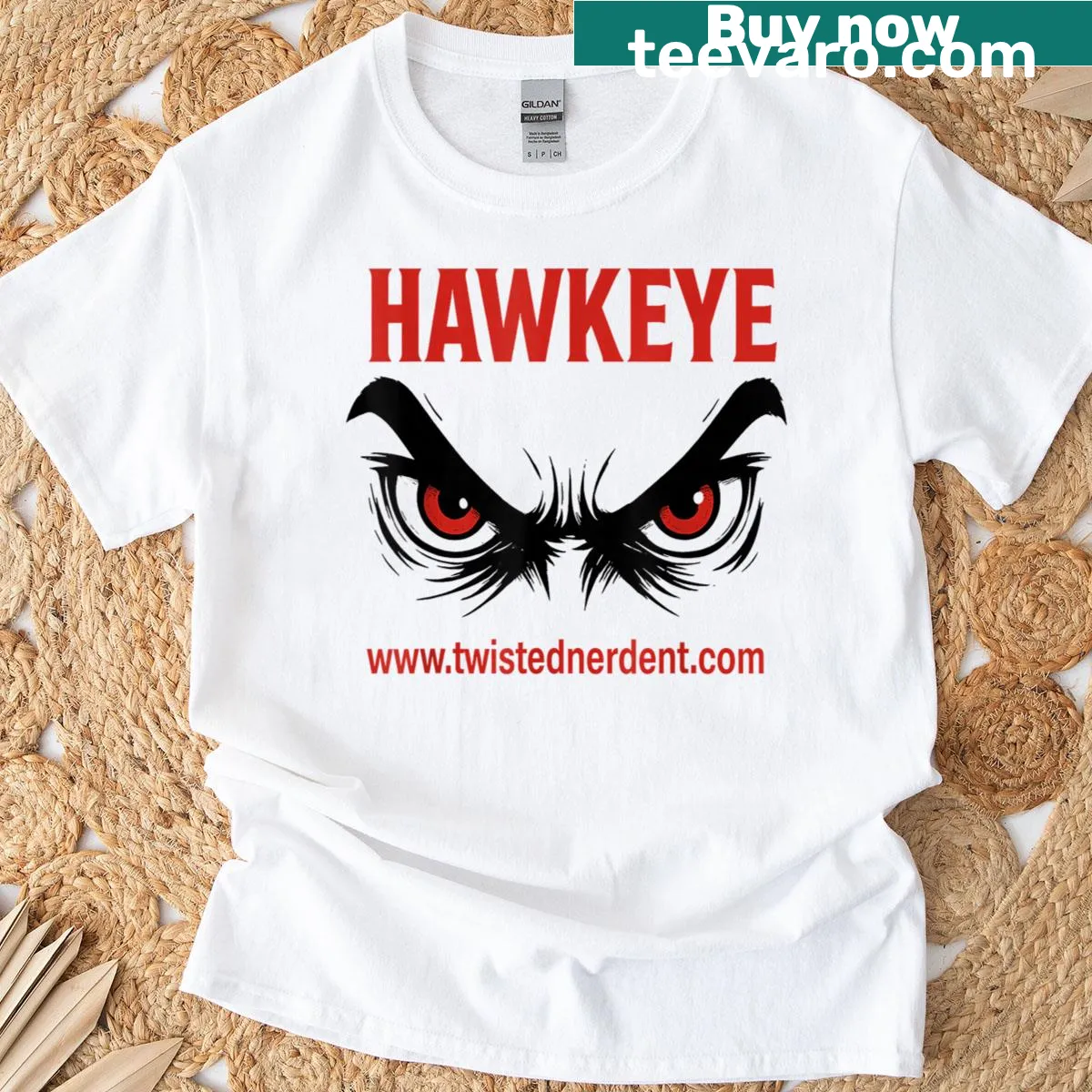 Vintage-inspired distressed graphic of a Hawkeye on a t-shirt — on a men's t-shirt