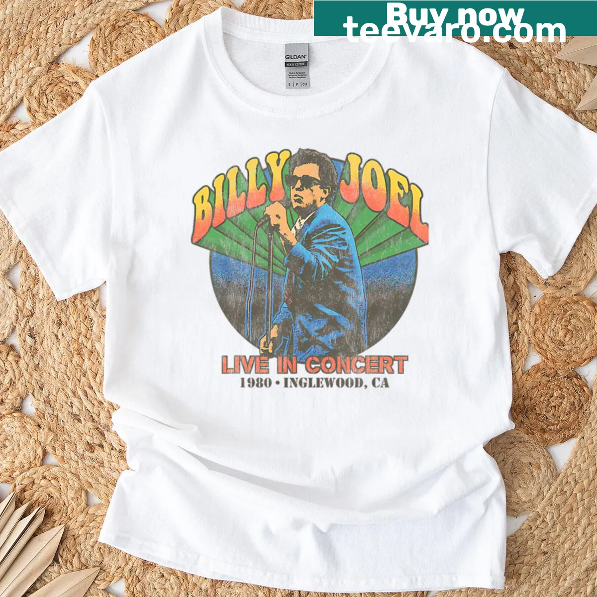 Retro concert-themed T-shirt featuring Piano Man graphics — on a men's t-shirt
