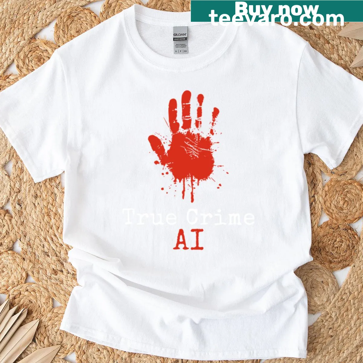 Funny True Crime AI themed t-shirt with bold, playful typography — on a men's t-shirt