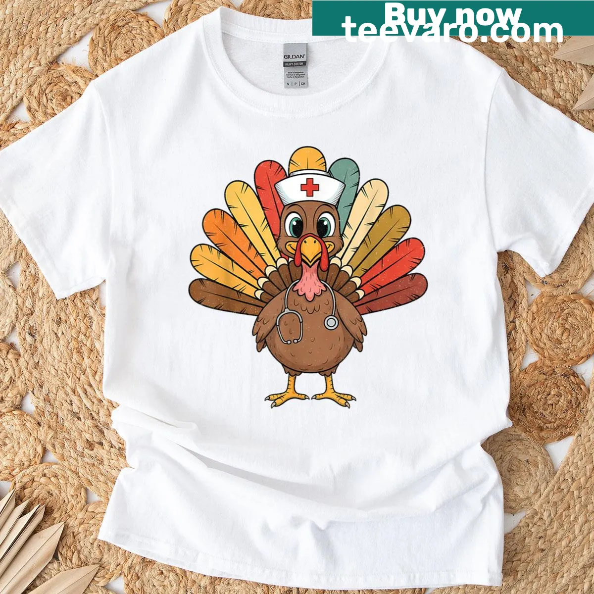 Thanksgiving-themed Turkey Nurse T-shirt with stethoscope illustration — on a men's t-shirt