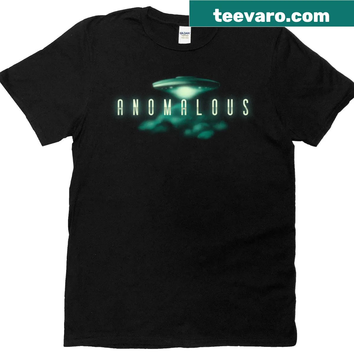 Graphic T-shirt with UFO and 'Anomalous' text design — on a men's t-shirt