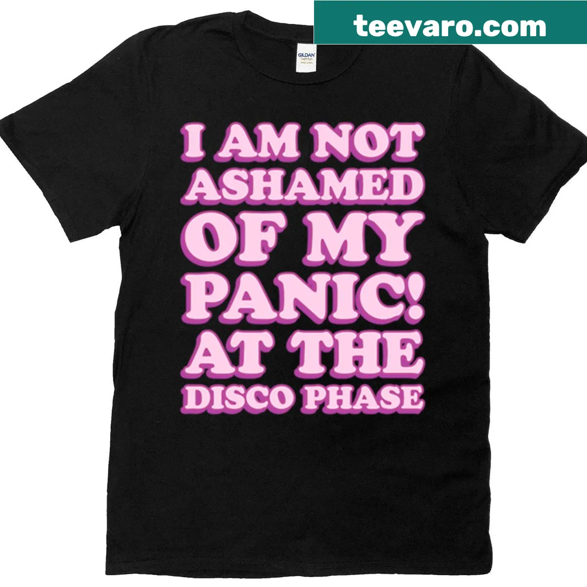 Graphic t-shirt celebrating Panic At The Disco with bold text — on a men's t-shirt