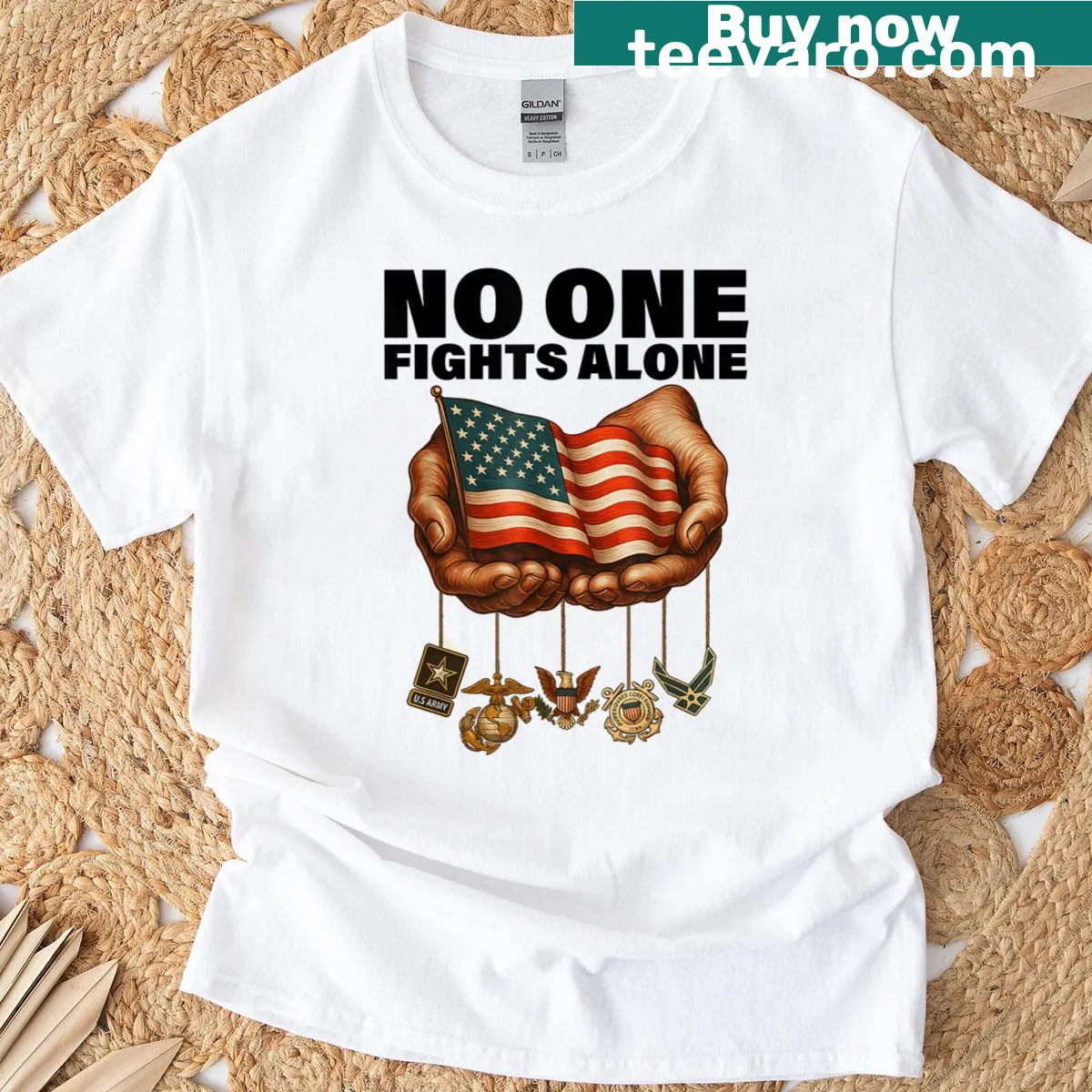 Patriotic T-shirt with message about supporting the Armed Forces. — on a men's t-shirt