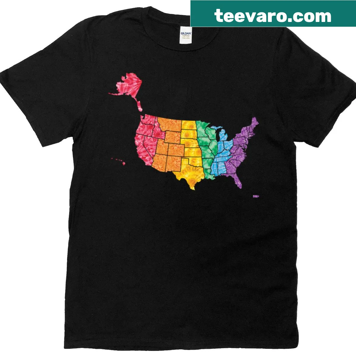 Patriotic t-shirt featuring a tie-dye print design with American symbols — on a men's t-shirt