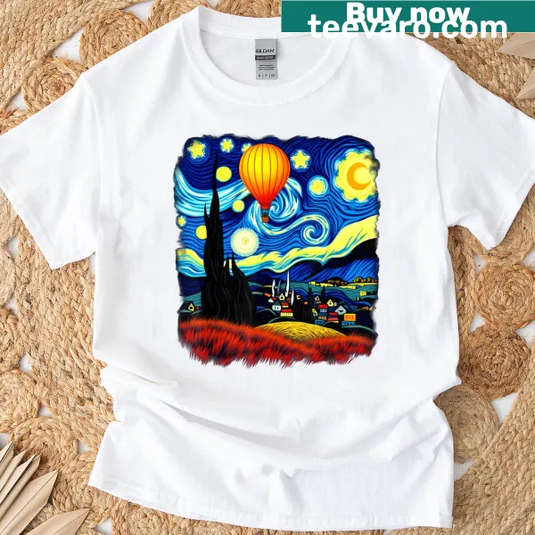 Artistic t-shirt featuring a hot air balloon inspired by Van Gogh's Starry Night