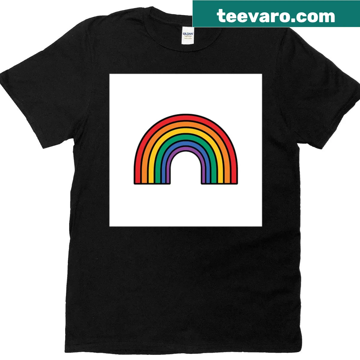T-shirt featuring a bold rainbow arch design — on a men's t-shirt
