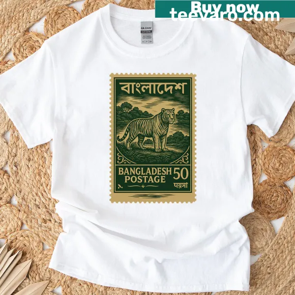 Vintage-style t-shirt with a Bengal tiger stamp design
