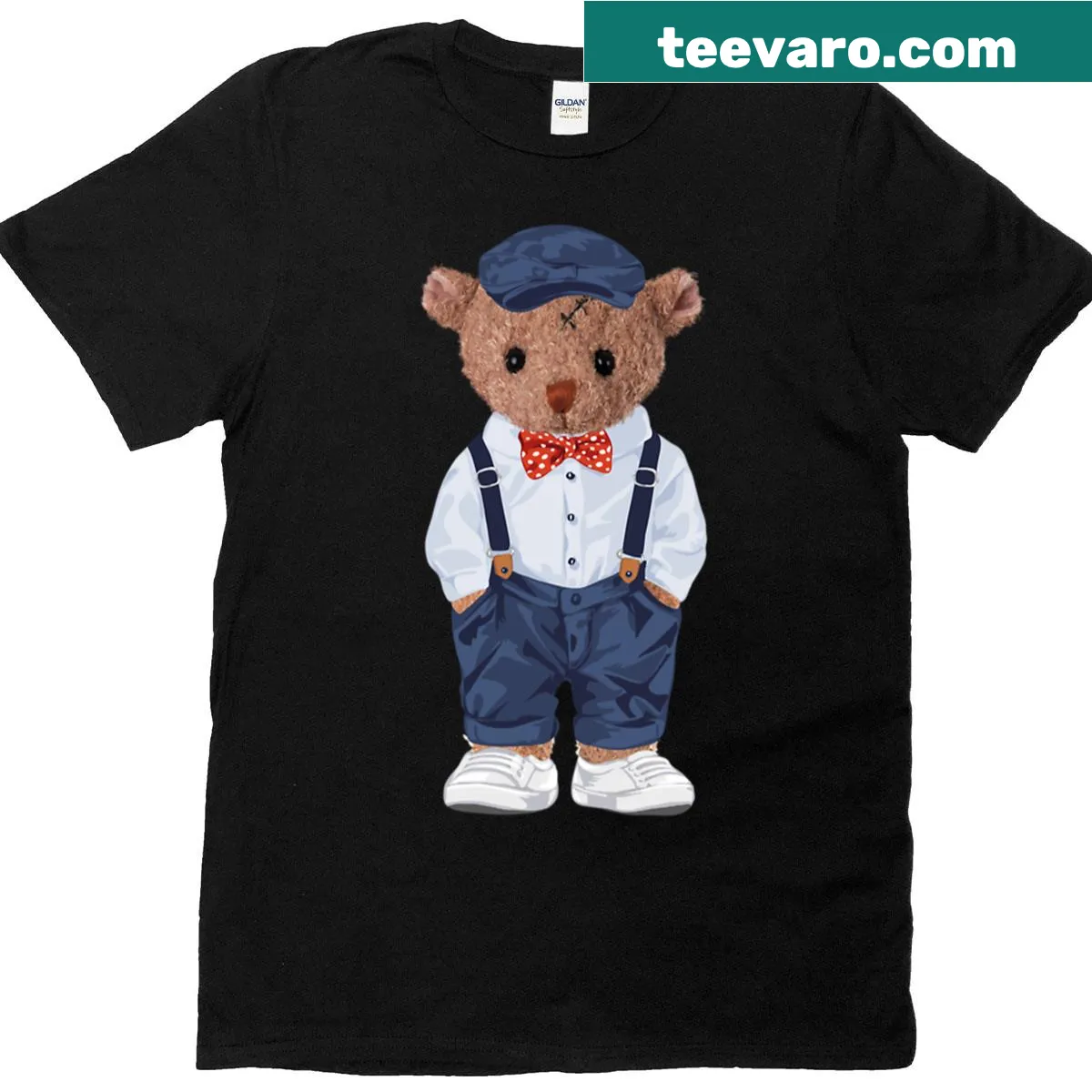 Cute vintage-style teddy bear wearing a bowtie and monocle graphic — on a men's t-shirt